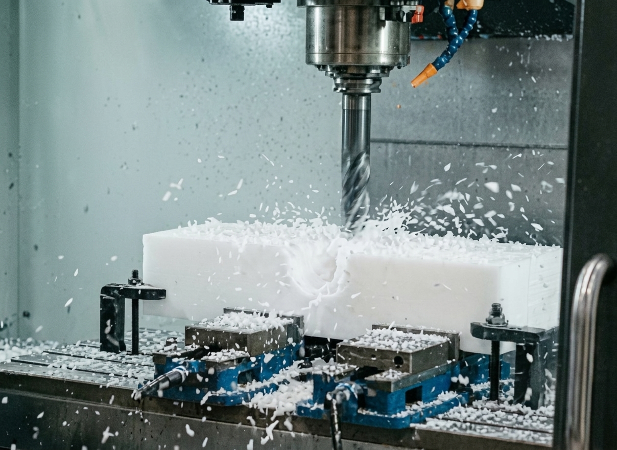 máquina cnc haciendo piezas de polietileno